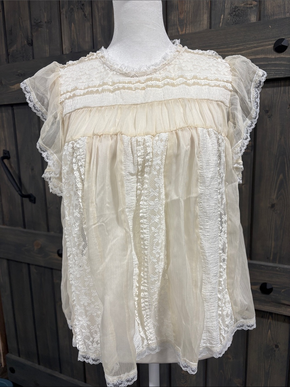 Sheer Delicate Ivory Lace-Trim Flutter Sleeve Top